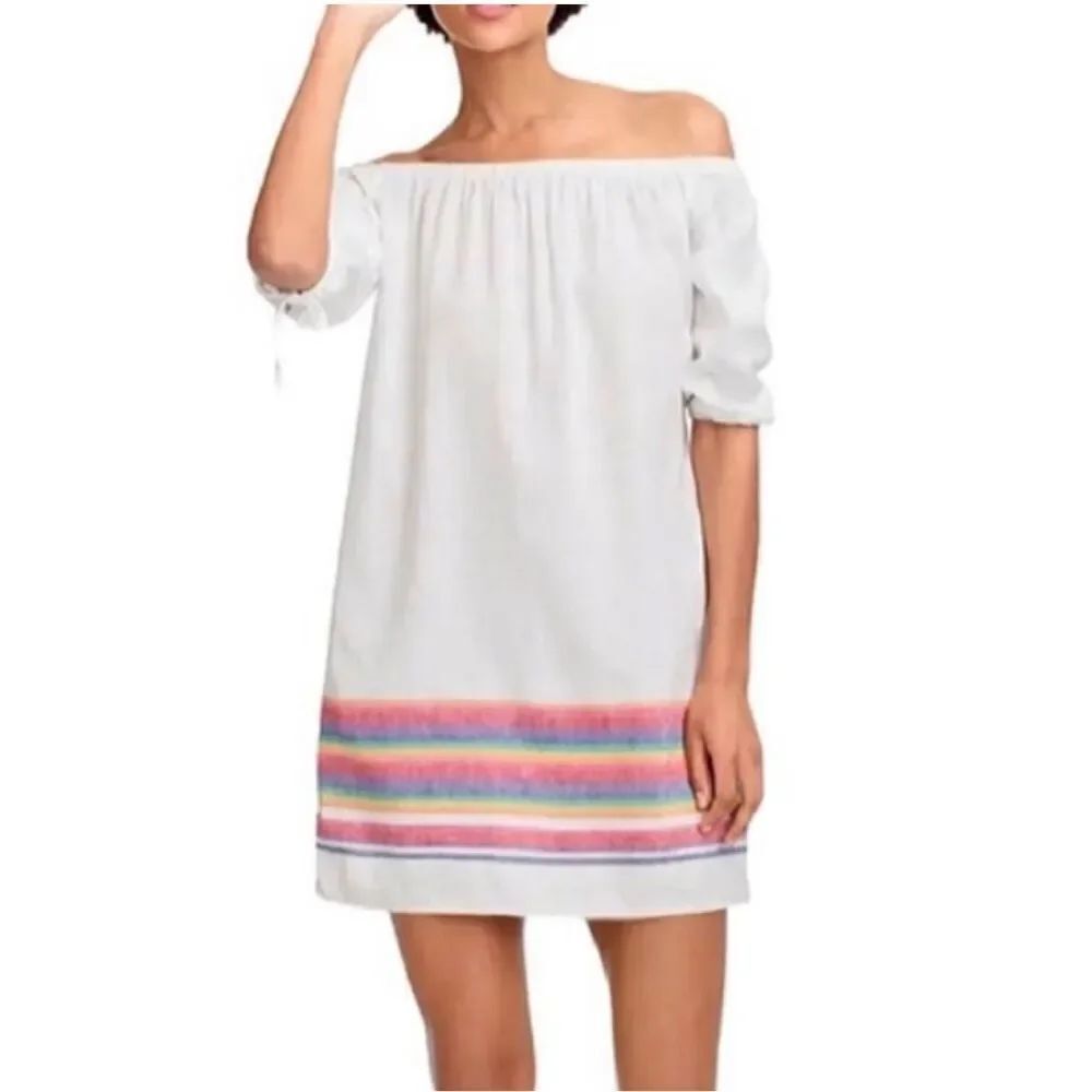 J. Crew Linen blend Mini Dress White Rainbow Stripe Off Shoulder Size XS